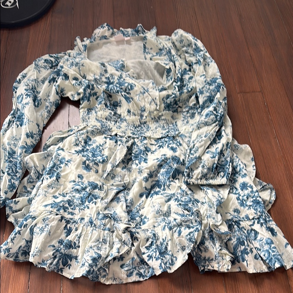 LoveShackFancy Blue and Cream Floral Long Sleeve Dress